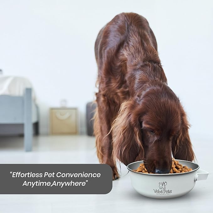 Vebs Pets- Stainless Steel Dog Bowl 30 oz, W/Collapsible Bowl Lid 20 oz W/Handle, Leak Proof, Non Slip, Food & Water Pet Bowls for Dogs & Cats, Medium Dogs, Portable Travel Dog (Vaporous Grey)