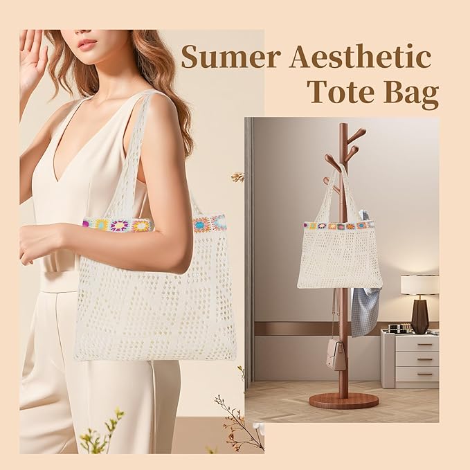 Sightor Crochet Tote Bag, Mesh Beach Bag Knit Summer Hobo Bag Vacation Boho Tote Bag for Women