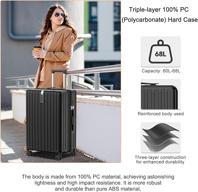 24 Inch Medium Luggage with Spinner Wheels & TSA Approved Lock, 24" Lightweight Expandable Luggage Hard Shell PC Scratchproof,Medium Hardside Checked Suitcase for Travel