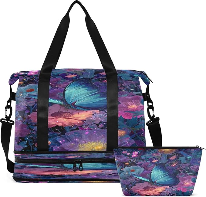 Travel Duffel Bags for Women Butterfly in Dark Florals Print Sports Duffel Bags Gym Bags with Shoes Compartment Tote Bag Weekender Bag for Travelling