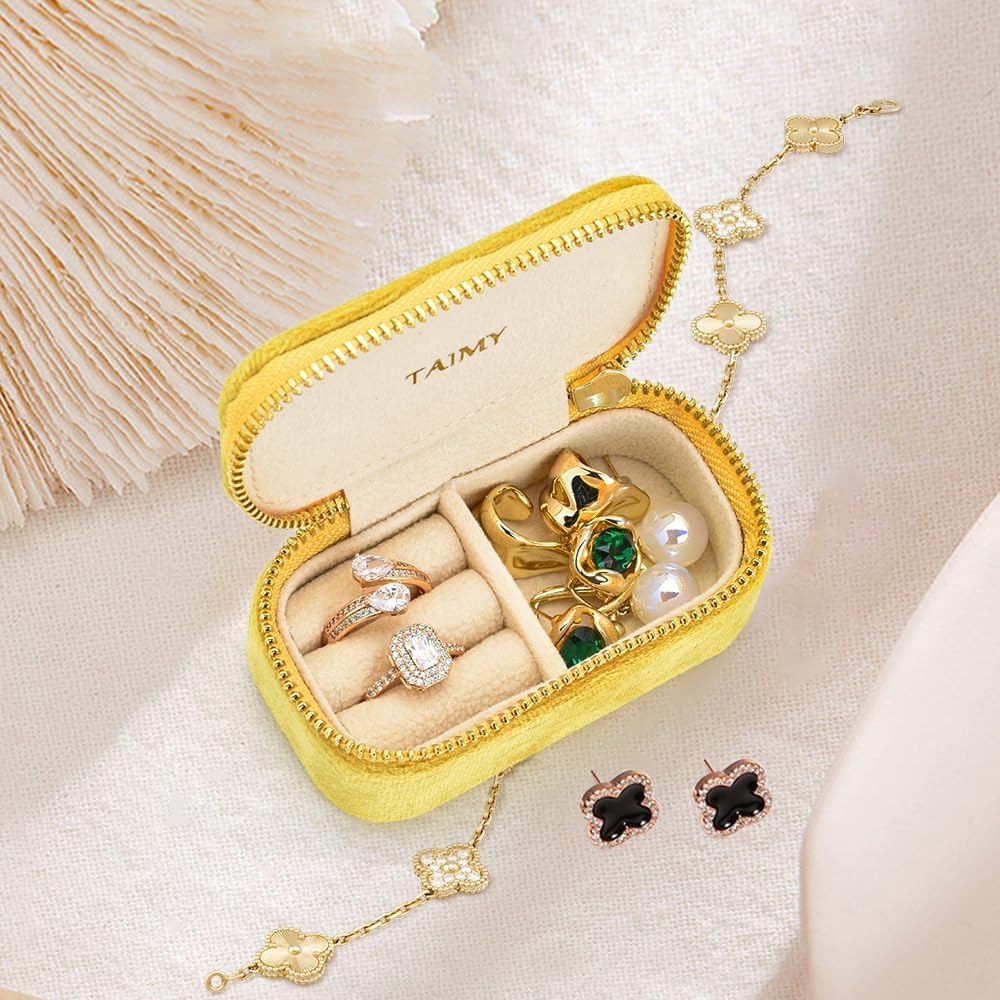 Small Travel Jewelry Case, Mini Tiny Plush Velvet Jewelry Box for Women and Girls, Pocket Size Jewelry holder organizer for Rings Earrings and Small Items(Yellow)