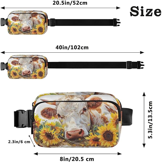 Kawaii Cow Sunflower Fanny Pack for Women Men Water Resistant Fashion Waist Packs with Adjustable Strap Belt Bag for Travel Workout Jogging Hiking 21220225