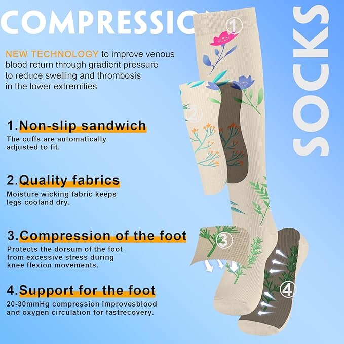 bropite Flora Compression Socks for Women & Men-Knee high 6 Pairs 20-30mmhg Support Running Nurse Travel