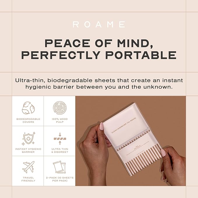 ROAME Disposable Toilet Seat Covers – 20 Biodegradable Sheets (2-Pack) – Flushable Bathroom Hygiene Covers for Travel, Public Restrooms & Eco-Friendly On-the-Go Use