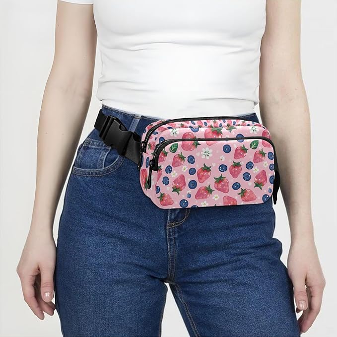 Pink Strawberry Blueberry Fanny Pack for Women Men Water Resistant Fashion Waist Packs with Adjustable Strap Belt Bag for Travel Workout Jogging Hiking 21219427