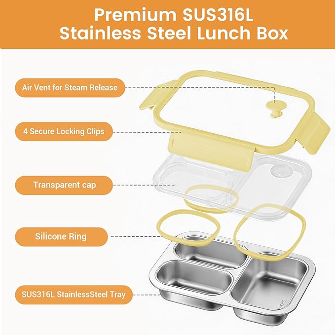 Premium 25oz SUS316L Stainless Steel Lunch Box Bento Box - Reusable Metal Snack Containers with Lids for Kids & Adults - Daycare/School/Work/Travel - Superior Corrosion-resistant (Yellow)