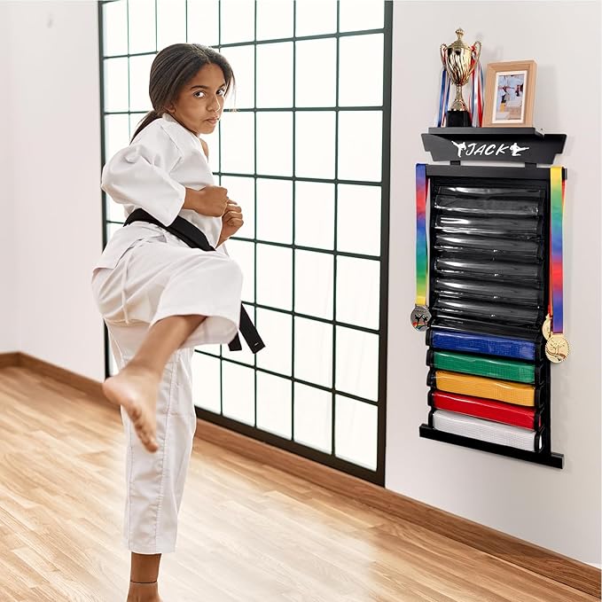 Tilhumt 10/12 Belts Karate Belt Display Rack with Photo Shelf, Felt Taekwondo Belt Display Rack Martial Arts Belt Display for Adults TKD, BJJ