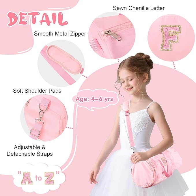 Personalized Initial Dance Bag for Girls 4-6, Small Lace Gym Sport Yoga Cheer Dance Bags Gift for Teen Girls, Cute Letter Kids Ballet Bag Toddler Travel Duffel Tote with Adjustable Straps(Pink-F)
