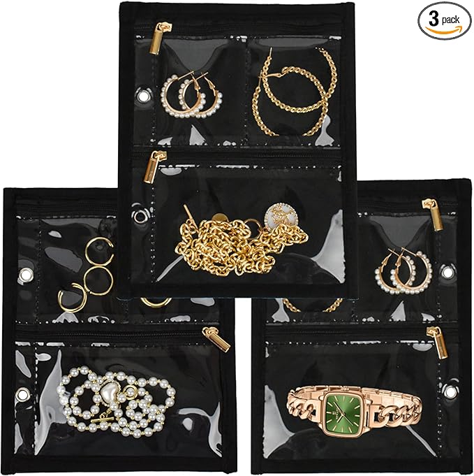Travel Jewelry Organizer Case,Jewelry Bags Jewelry Storage Book Binder with Clear Zipper Velvet Pouch for Traveling,Earrings, Rings, Necklace, Bracelet (Inner Pages, 3 PCS)