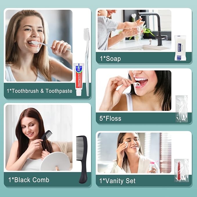 50 Sets Personal Hygiene Kit Bulk, Disposable Toothbrushes with Toothpaste Floss Comb Soap Cover and Vanity Kit, Toiletry Kits Homeless Supplies Bulk for Women,Men,Travel,Homeless