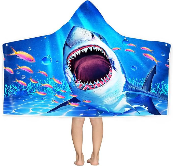 Bonsai Tree Shark Beach Towel, Shark Towel for Kids with Hood, Ocean Fishes Hooded Towel for Boys 30" x 50", Funny Sea Animals Microfiber Absorbent Soft Bath Towel Poncho Bathrobe for Swin Pool