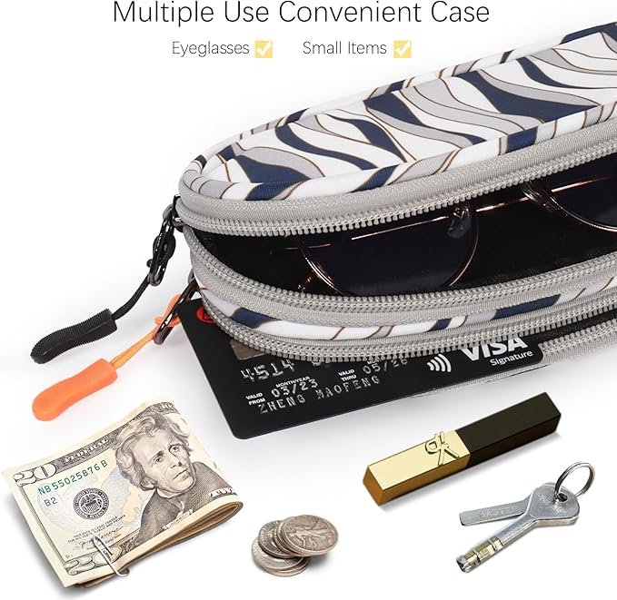 Double Eyeglasses Case Soft Portable Zipper Sunglasses Pouch with Keychain Clip for Men Women