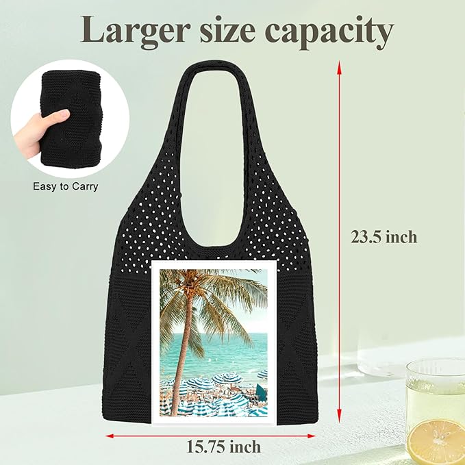 SUOSDEY Crochet Mesh Beach Tote Bag, Knit Summer Vacation Aesthetic Boho Tote Bag for Women