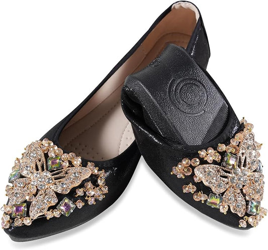 Women Ballet Flats Sparkly Rhinestone Wedding Ballerina Shoes Pointed Toe Foldable Comfort Slip on Flat Dress Shoes