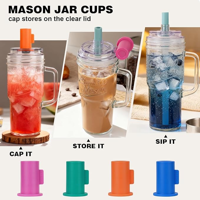 Bamboo Mason Leakproof Mason Jar Cups with Lids and Straws, 24oz Glass Tumbler with Handle, Leak-Proof Rotating Lid & Silicone Straw, Reusable Iced Coffee & Matcha Cup Set Coffee Gifts for Women -2pc
