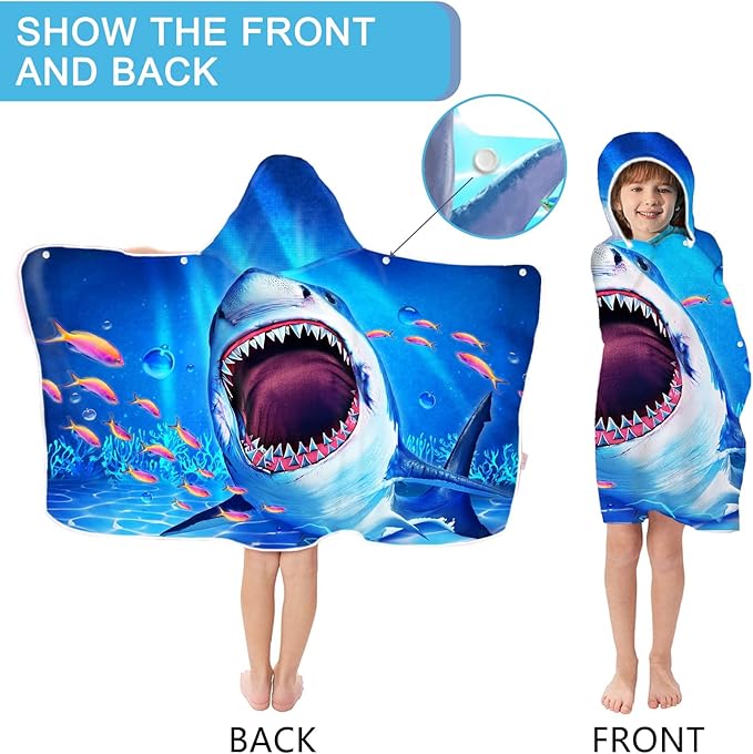 Bonsai Tree Shark Beach Towel, Shark Towel for Kids with Hood, Ocean Fishes Hooded Towel for Boys 30" x 50", Funny Sea Animals Microfiber Absorbent Soft Bath Towel Poncho Bathrobe for Swin Pool