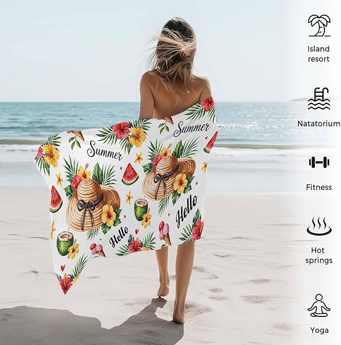 Summer Tropical Plants Beach Towel 30" x 60" Hibiscus Flowers Watermelon Pattern Quick Dry Sand Free Pool Towels Soft & Absorbent Compact Towels Beach Accessories for Travel Bathroom Swimming Pool
