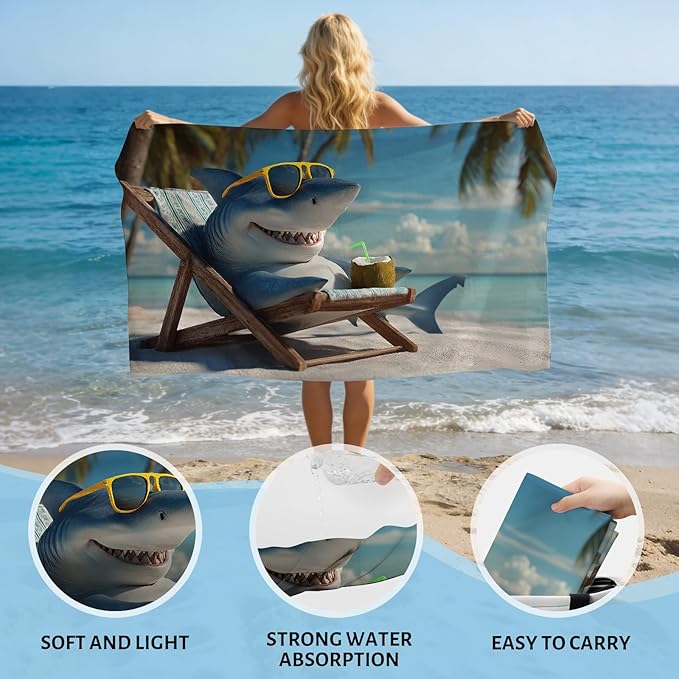 SARA NELL Shark Beach Towel, Funny Shark with Sunglasses and Drink Print, Summer Pool Beach Towel for Beach Vacation, Quick Dry Lightweight, 32"x52"