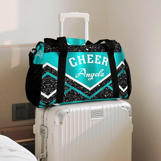 Personalized Name Sports Player Duffel Bags with Adjustable Shoulder Strap for Shoes Cheer Teal Blue Cheerleading Stripes Handheld Crossbody Travel Bag