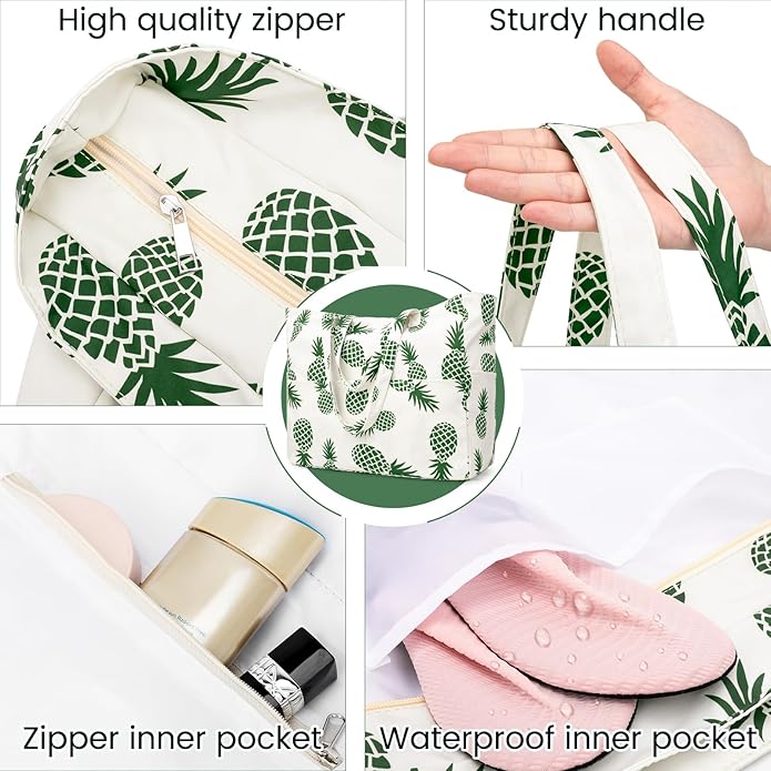Iioscre Beach Bag for Women, Causal Hobo Pool Bags with Zipper Inner Pocket, Foldable Swim Tote Bag for Vacation Essentials