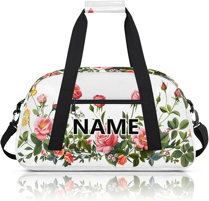 Floral Mini Gym Bag 18 inch for Women Men Waterproof Custom Pink Rose Travel Duffel Bag Carry On Overnight Tote Nurse Bag for Work Fitness Hiking