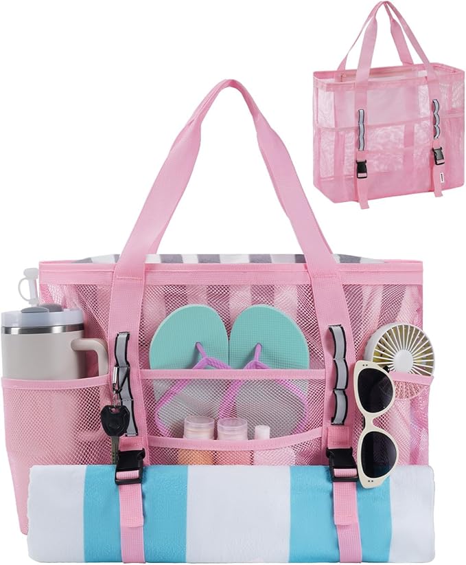 WANDF Mesh Beach Bag for Women, Large Beach Tote Bags with 40oz Tumbler Side Pockets, Family Pool Bag for Swim Toys Towels Cruise Vacation Essentials (Pink) | Breathable