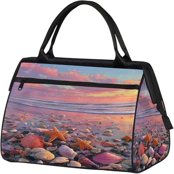 Sunset Beach Shell Starfish Overnight Weekender Bags for Women Men, Waterproof Travel Carry On Duffel Bag, Lightweight Sports Gym Bag for Fitness, Workout, Travel