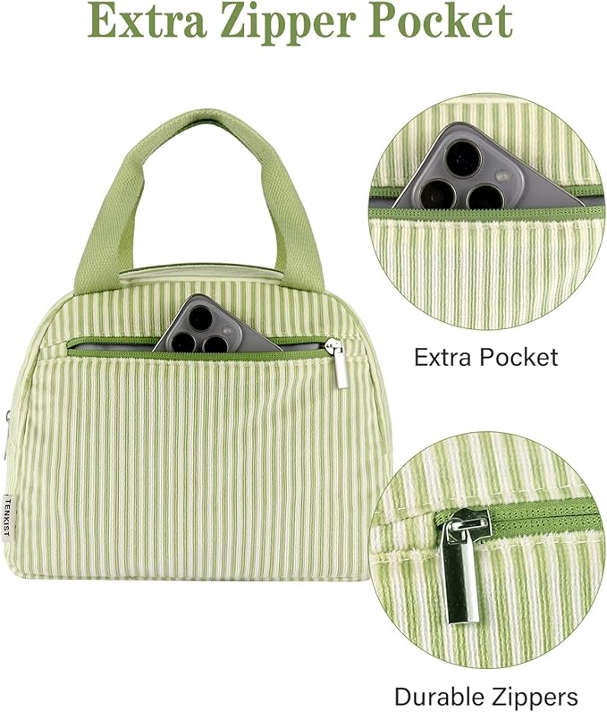 Cute Lunch Box Tote Bag - Cooler Corduroy Insulated Bags for Women - Lightweight Reusable Portable Soft Lunch Pail Kit for Adults Work Picnic Travel Green 8L