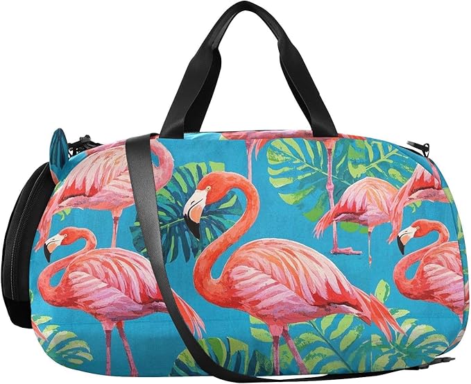 Vintage Painting Flamingos Palm Leaf Blue Boy's Gym Duffel Bag with Shoes Compartment Multifunctional Carry on Luggage for Beach Swim Bags Pool Sports