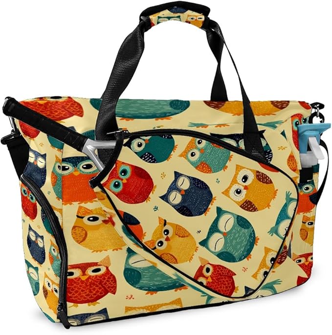 Playful Owl Yellow Gym Bag for Women & Tennis Bag, Large Sports Duffel Bag Waterproof with Ventilated Shoe Compartment & Front Racket Sleeve, Lightweight Travel Weekender Overnight Bag