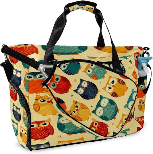 Playful Owl Yellow Gym Bag for Women & Tennis Bag, Large Sports Duffel Bag Waterproof with Ventilated Shoe Compartment & Front Racket Sleeve, Lightweight Travel Weekender Overnight Bag