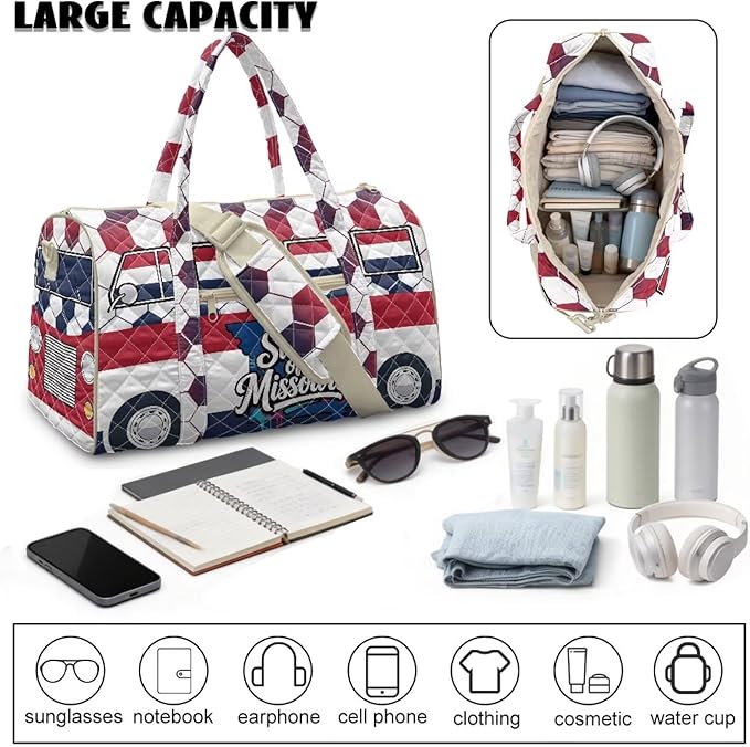 COEQINE Large Quilted Duffle Bag for Travel Men Quilted Tote Bag Large Car Overnight Luggage Bag with Trolley Sleeve,Missouri Van