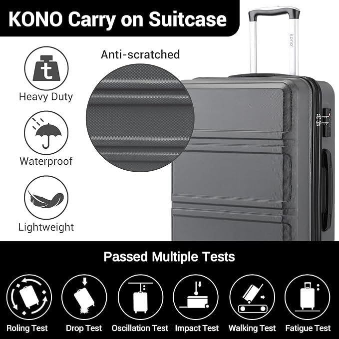 Kono 20" Carry on Luggage with Spinner Wheel TSA Lock, Lightweight PC+ABS Hardside Luggage Durable Small Carry on Suitcase Grey