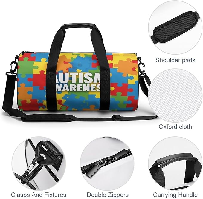 Lightweight Travel Sports Carry On Bag Autism Awareness Colorful Puzzles Basketball Football Weekender Bag Sport Gym Fitness Tote