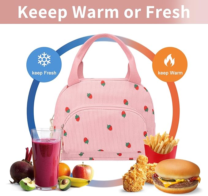 Lunch Bag Women Lunch Box for Women Adult Cute Insulated Lunch Bag Small Cooler Lunch Tote Bags for Work Picnic School (Pink-Strawberry)