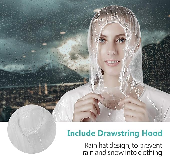 Rain Ponchos, Emergency Disposable Rain Poncho with Drawstring Hood&Waterproof Plastic for Adults&Teens