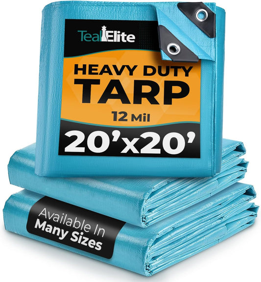 Tarps Heavy Duty Waterproof 20x20-12 mil Thick Camping Tent - Blue Tarp 20x20 UV Resistant, Rip & Tear Proof with Metal Grommets – Multipurpose Use for Camping, Tent, Boat, RV, Car, & Pool Cover