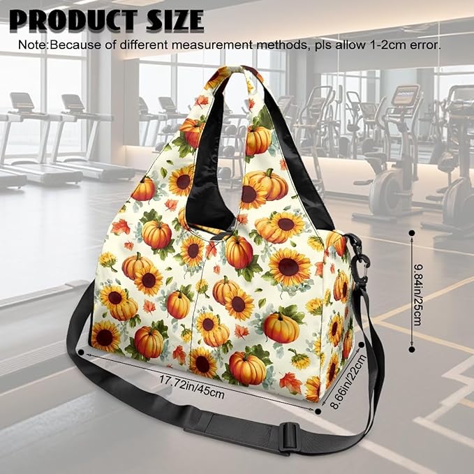 Autumn Sunflower Pumpkin Duffle Bag for Gym Sports Women Carry On Weekender Bag with Shoe Compartment for Yoga Travel Hiking Duffel Overnight Weekender Fall Thanksgiving Decor Gifts