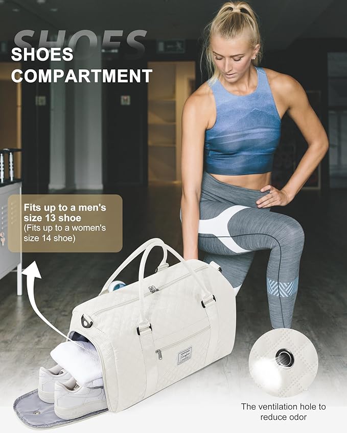 Gym Duffle Bag for Women with Shoe Compartment Waterproof Travel Tote Bags Personal Item Carry On Weekender Overnight Bags with Toiletry Bag Swimming Yoga Bags Hospital Holdalls Beige