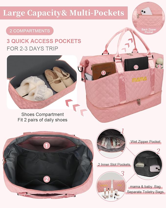 Mama Baby Pregnancy Hospital Bag Essentials for Women Labor Delivery Diaper Organizer with Shoe Compartment,2 Waterproof Toiletry Pouch Travel Duffle Bag for Mommy Weekender Overnight Gym Gifts,Pink