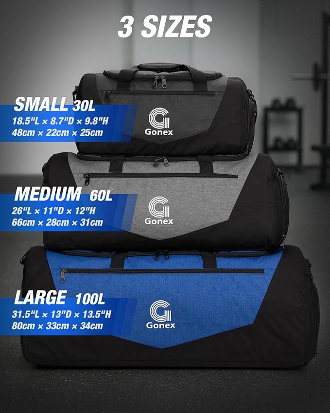 Gonex Gym Duffel Bag with Shoe Compartment Wet Pocket, Large Capacity Sports Duffle Bag for Men Women, Workout & Travel Bag with Multiple Pockets, Black/Blue, Large (100L)