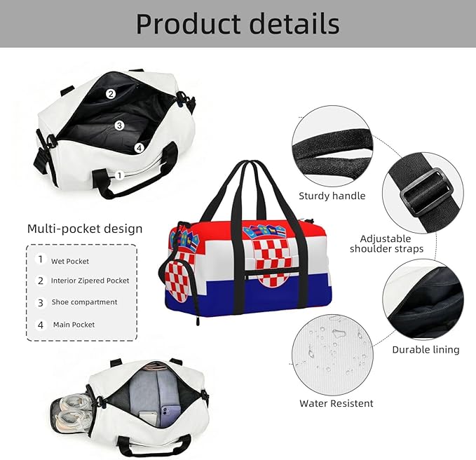 Republic of Croatia flag Print Gym Bag with Shoe Compartment for Women Men, 17.7in Sports Duffle Weekender Tote, Overnight Travel Duffel Bag Carry On