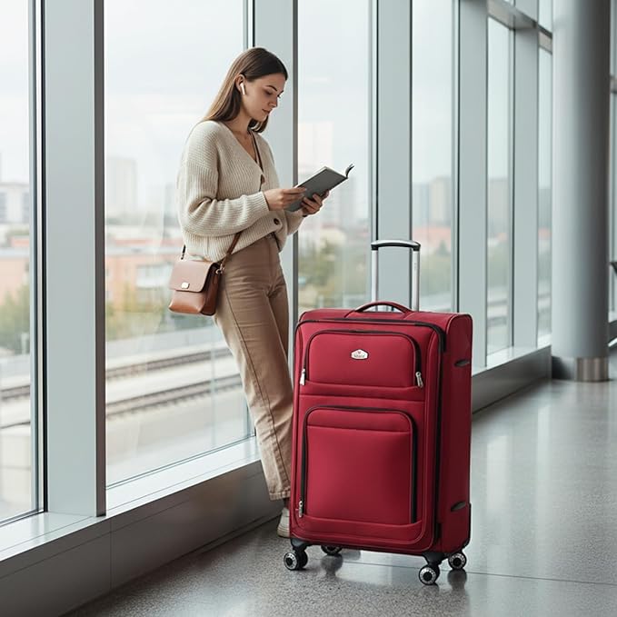 30'' Large Softside Suitcase,Expandable 15% Luggage,w/Double Spinner Wheels w/Combination LOCK,Lightweight Travel Suitcase for Travel（Red,30in）