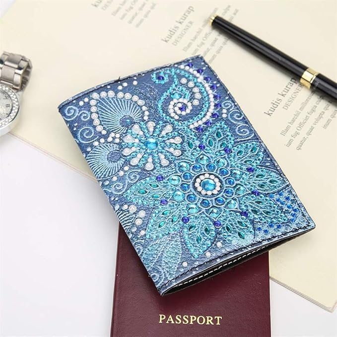2 Pieces Diamond Painting Leather Passport Holder, DIY Special Shaped Crystal Painting Travel Passport Protective Cover for Boarding Pass, ID Card, Driver's License-20X14CM (AA085-AA220)