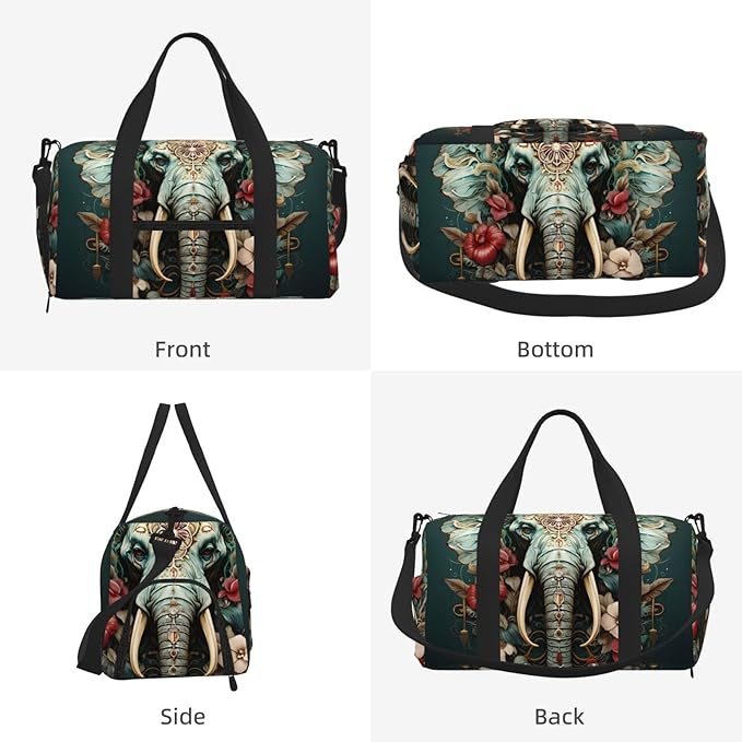 Sports Gym Bag Ethnic Elephant Floral Animal Travel Duffel Bag With Shoe Compartment Shoulder Strap, Lightweight Water-Resistant Weekend Overnight Totes For Women Men