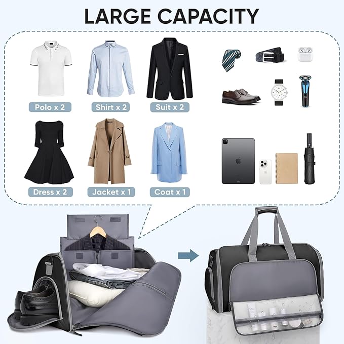 BALEINE Convertible Travel Garment Bag, Travel Suit Bag for Men, 2 in 1 Carry on Garment Bag for Hanging Clothes, Garment Duffel Bag for Travel Business (Black)