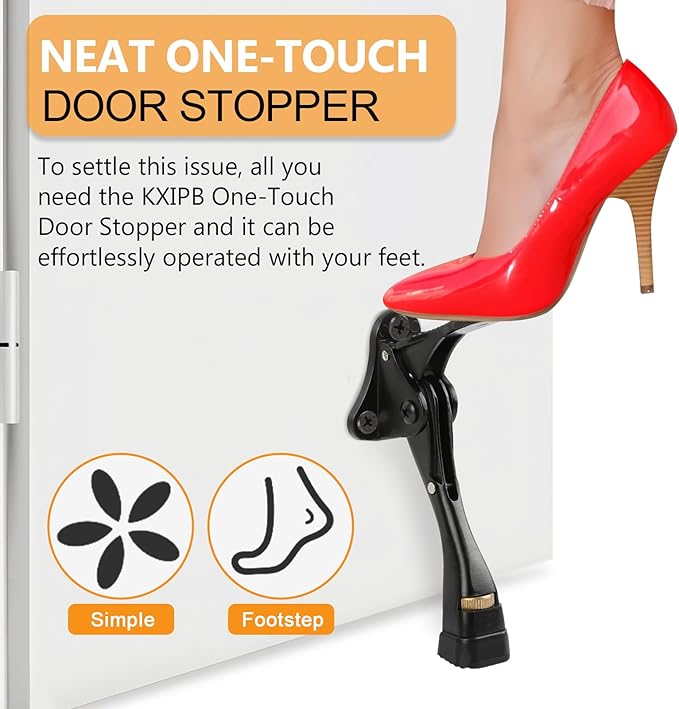 Kickdown Door Stopper 4 Inches - 2 Packs One Touch Adjustable Height Door Stop for The Bottom of Door Aluminum Alloy Metal Door Stopper with Rubber Tip & Wall Protectors for Wide Doors Black