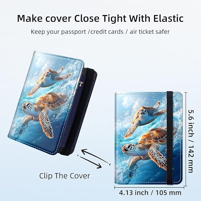 RFID Security Premium Passport and Travel Document Holder Combo, Slim PU Leather Folio Wallet with 3 Card Slots & Boarding Pass Pocket, Secure Elastic Closure Organizer, Colorful Turtle