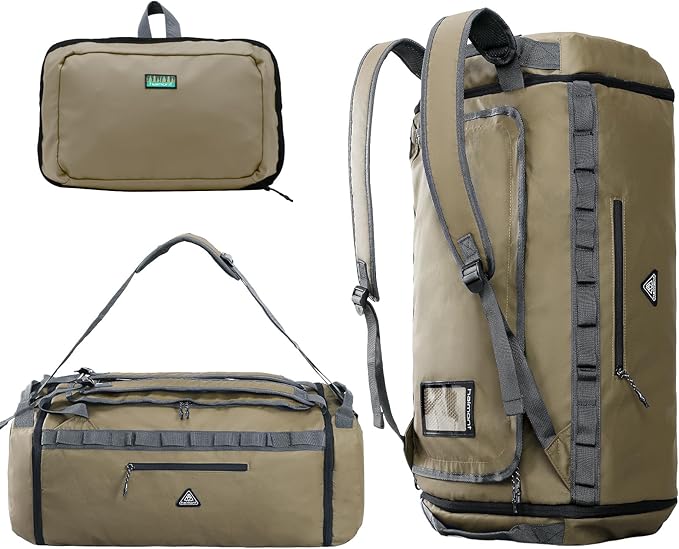 Haimont Duffel Backpack Bag 50L Water Repellent Sports Gym Bag Foldable Men Women with Shoe Compartment for Travel Hiking Camping Outdoor, Upgrade, Khaki