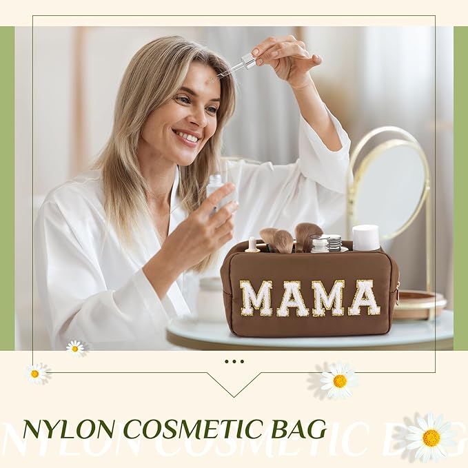 Sanwuta 2 Pieces Mama Gifts Makeup Bag Mom Pouch Birthday Gifts Nylon Cosmetic Bag Mothers Day Appreciation Toiletry Preppy Patch Chenille Letter for Women Her New Mom(Camel, White,Baby and Mama)